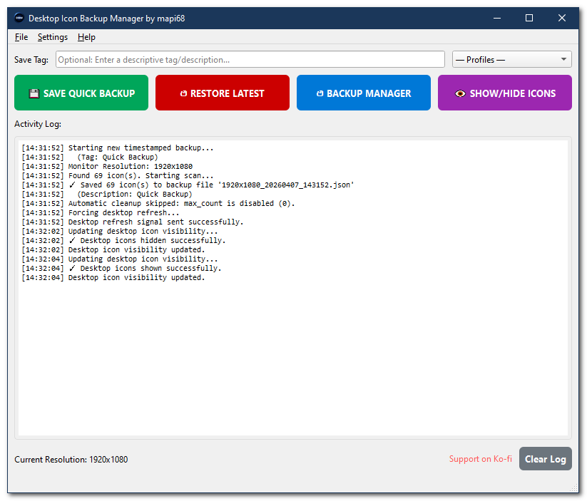 Desktop Icon Backup Manager main window