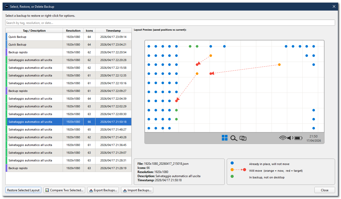 Backup Manager window with search and live diff preview