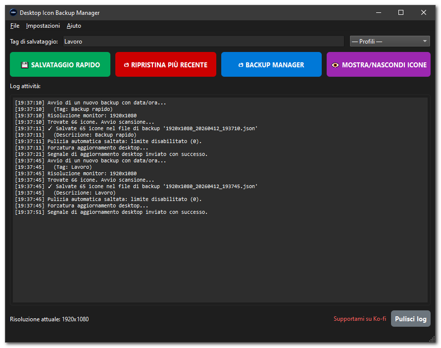 Dark mode with Italian language and multi-monitor support
